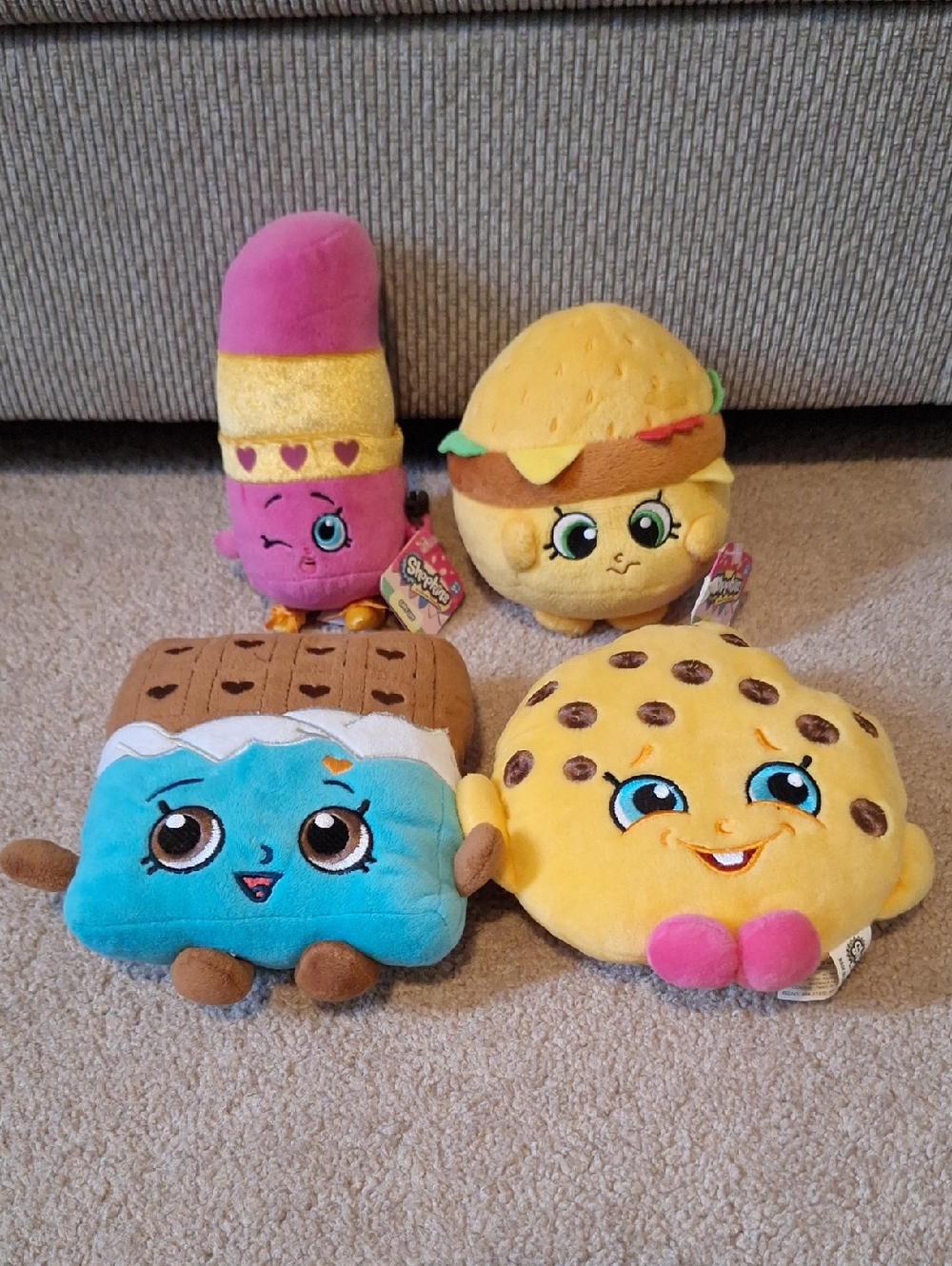 Shopkins Plush Characters in Pink, Yellow, Blue, Brown